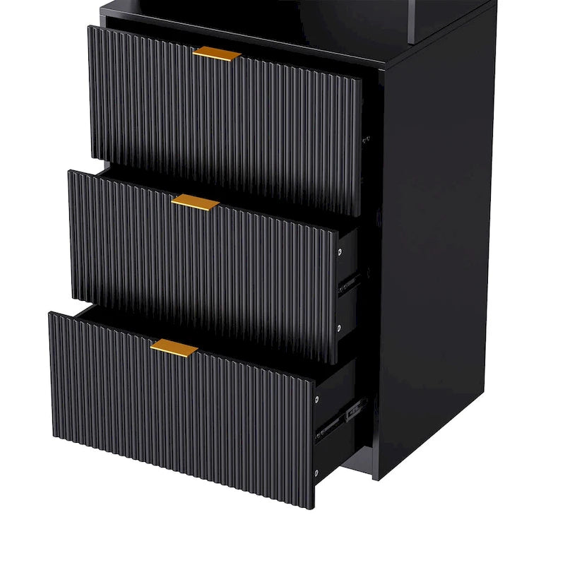 Black Fluted Entertainment Center TV Stand with Open Shelves Drawers Cabinets