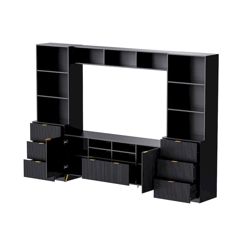 Black Fluted Entertainment Center TV Stand with Open Shelves Drawers Cabinets