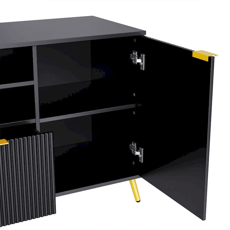 Black Fluted Entertainment Center TV Stand with Open Shelves Drawers Cabinets