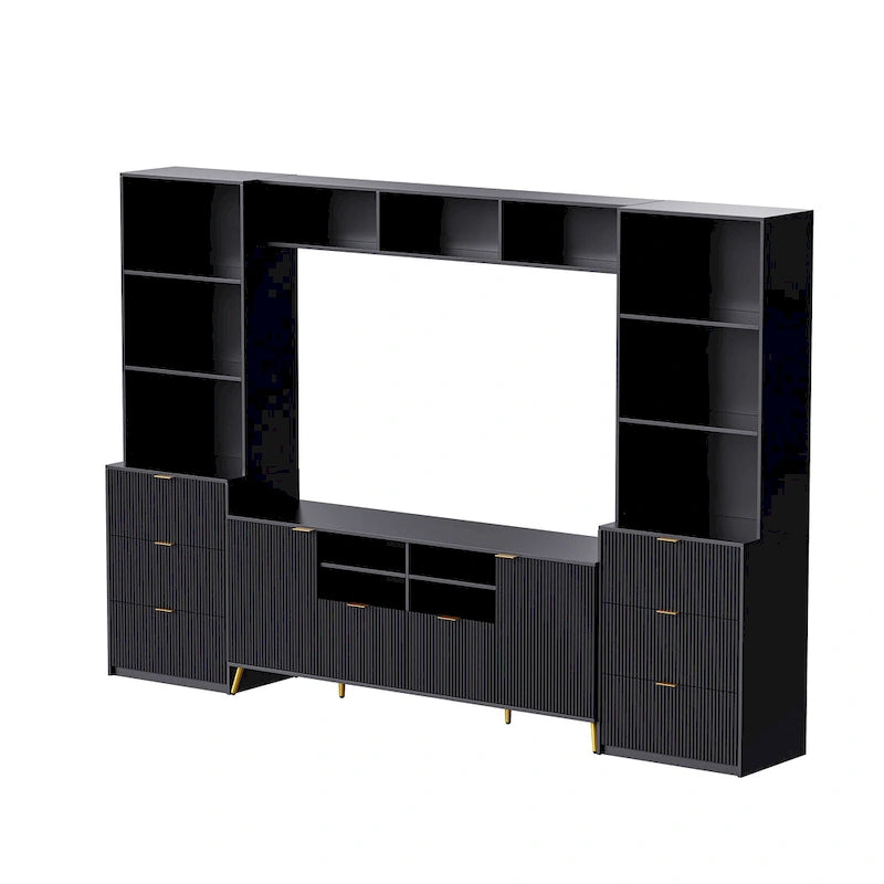 Black Fluted Entertainment Center TV Stand with Open Shelves Drawers Cabinets