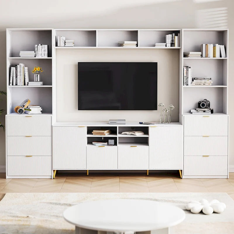 Black Fluted Entertainment Center TV Stand with Open Shelves Drawers Cabinets
