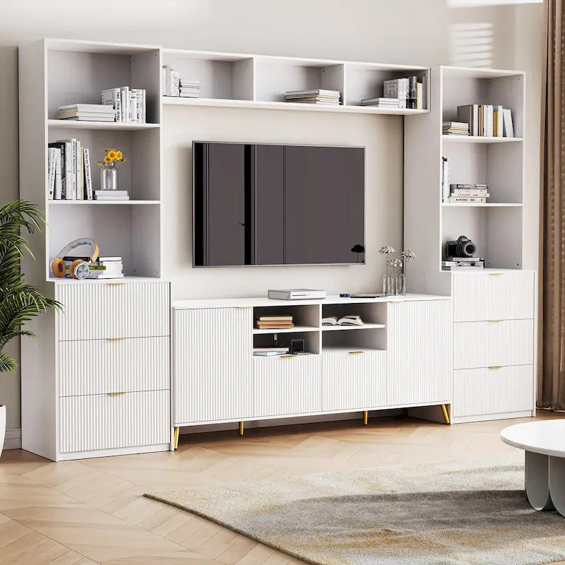 Black Fluted Entertainment Center TV Stand with Open Shelves Drawers Cabinets