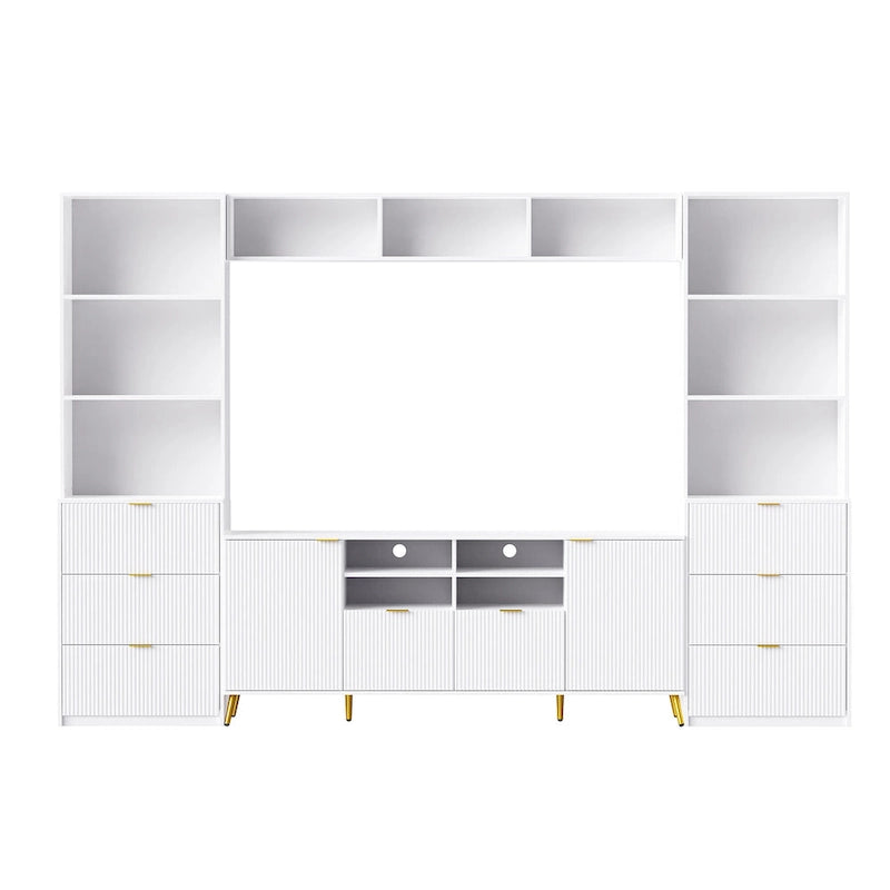 Black Fluted Entertainment Center TV Stand with Open Shelves Drawers Cabinets