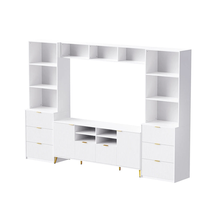 Black Fluted Entertainment Center TV Stand with Open Shelves Drawers Cabinets