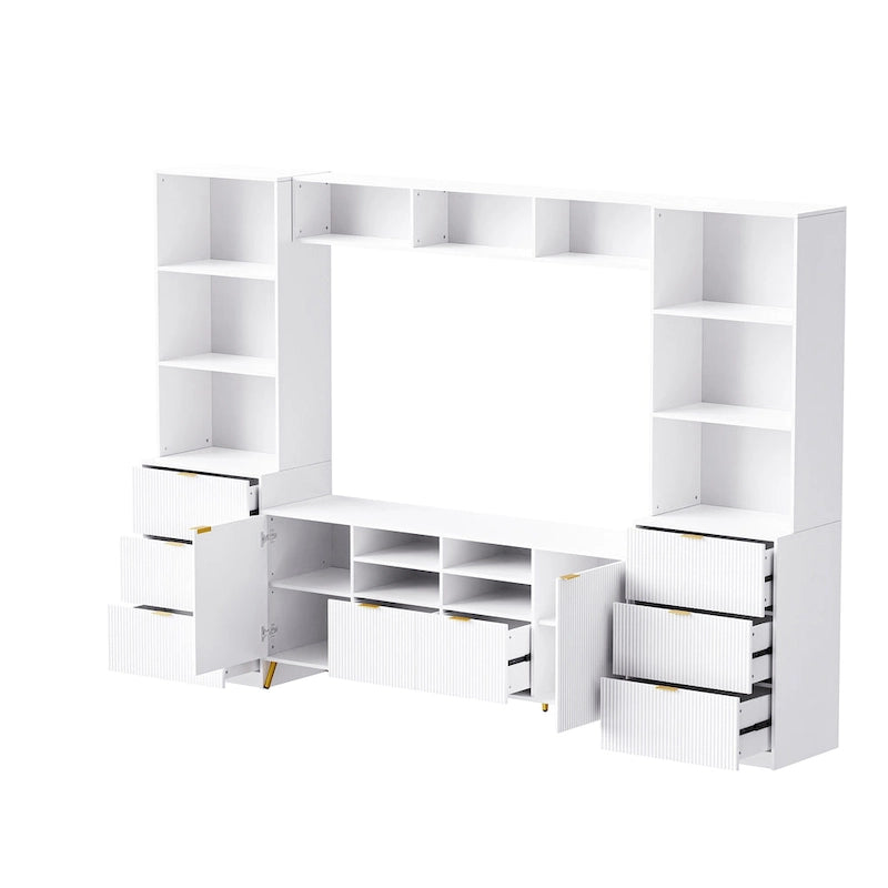 Black Fluted Entertainment Center TV Stand with Open Shelves Drawers Cabinets
