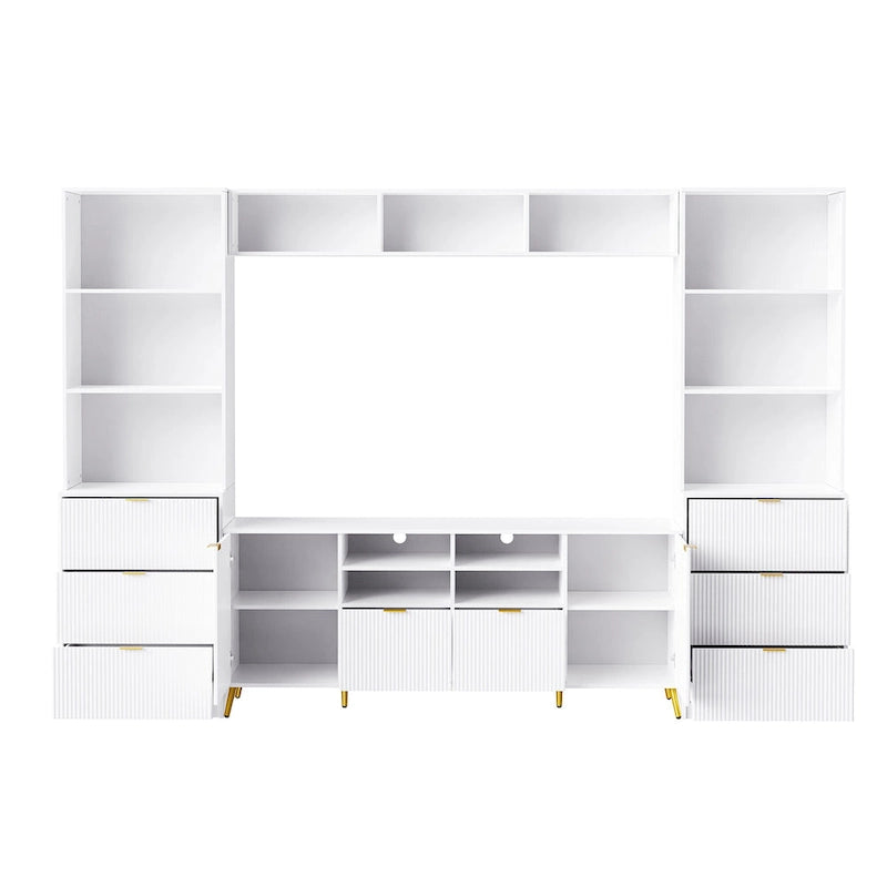 Black Fluted Entertainment Center TV Stand with Open Shelves Drawers Cabinets