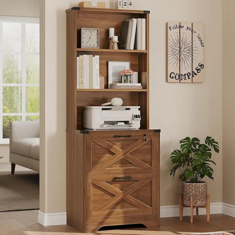 Farmhouse Wood File Cabinet with Lock 2 Drawer Open Shelves Brown White