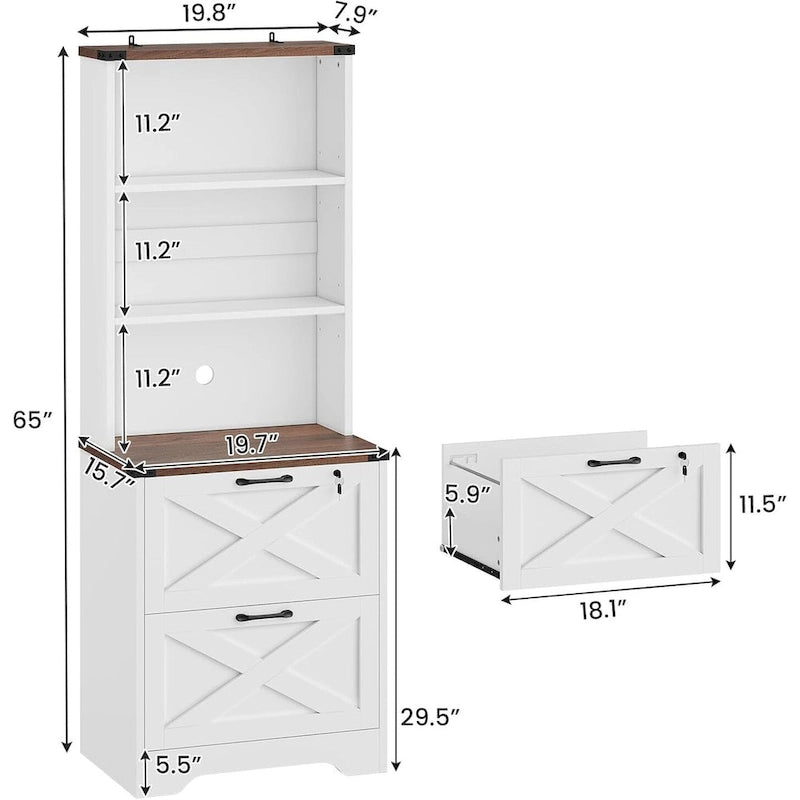 Farmhouse Wood File Cabinet with Lock 2 Drawer Open Shelves Brown White