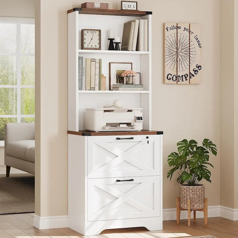 Farmhouse Wood File Cabinet with Lock 2 Drawer Open Shelves Brown White