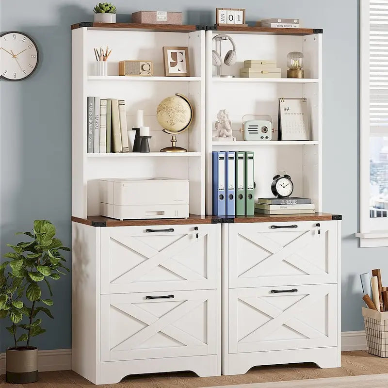 Farmhouse Wood File Cabinet with Lock 2 Drawer Open Shelves Brown White