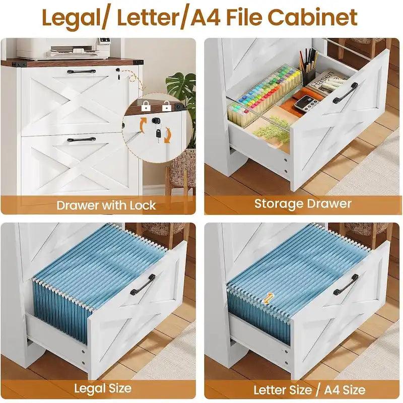 Farmhouse Wood File Cabinet with Lock 2 Drawer Open Shelves Brown White