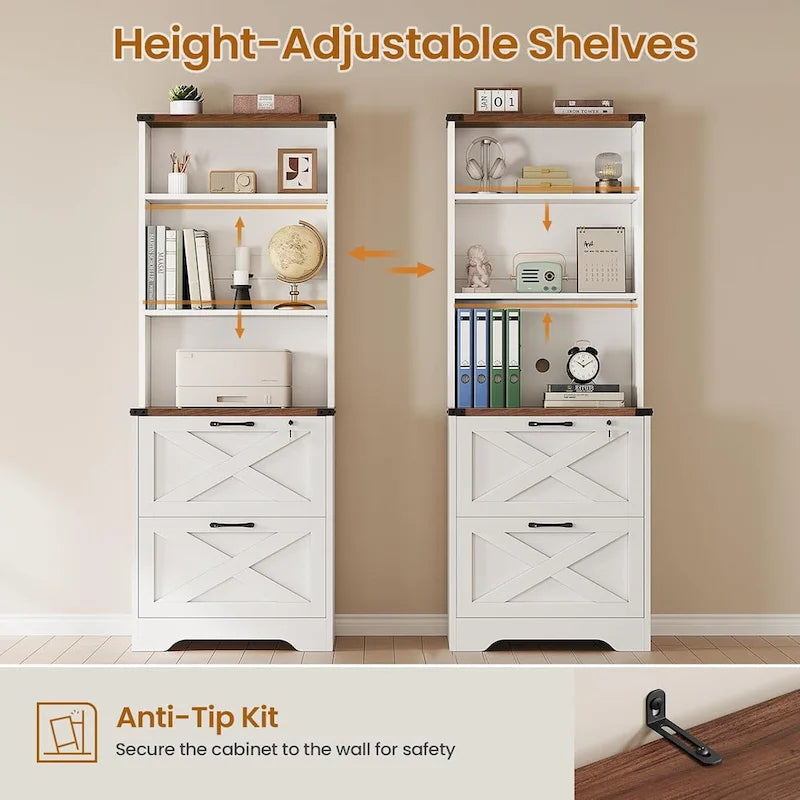Farmhouse Wood File Cabinet with Lock 2 Drawer Open Shelves Brown White
