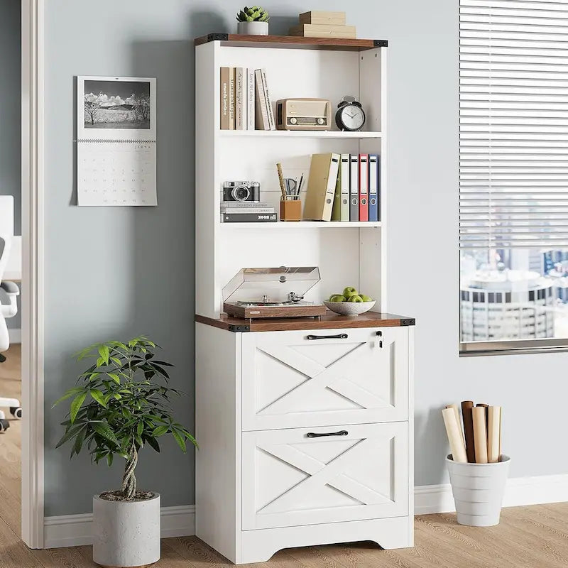 Farmhouse Wood File Cabinet with Lock 2 Drawer Open Shelves Brown White