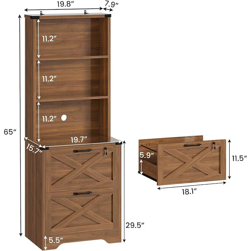Farmhouse Wood File Cabinet with Lock 2 Drawer Open Shelves Brown White