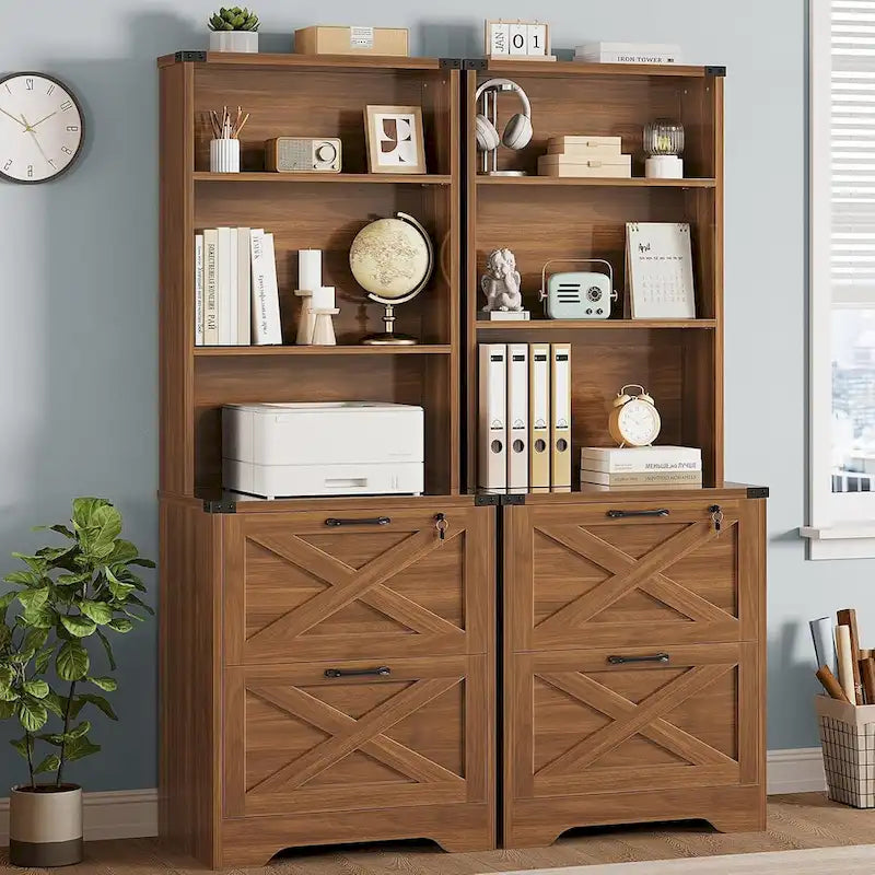 Farmhouse Wood File Cabinet with Lock 2 Drawer Open Shelves Brown White