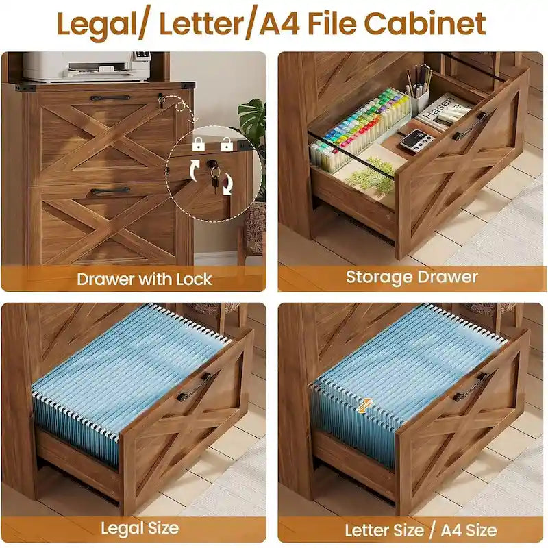Farmhouse Wood File Cabinet with Lock 2 Drawer Open Shelves Brown White