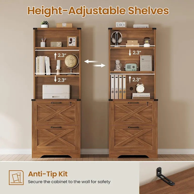 Farmhouse Wood File Cabinet with Lock 2 Drawer Open Shelves Brown White