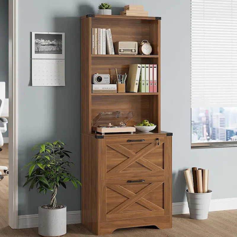Farmhouse Wood File Cabinet with Lock 2 Drawer Open Shelves Brown White