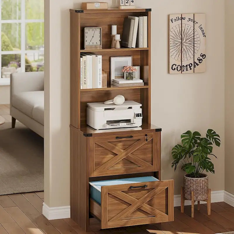 Farmhouse Wood File Cabinet with Lock 2 Drawer Open Shelves Brown White