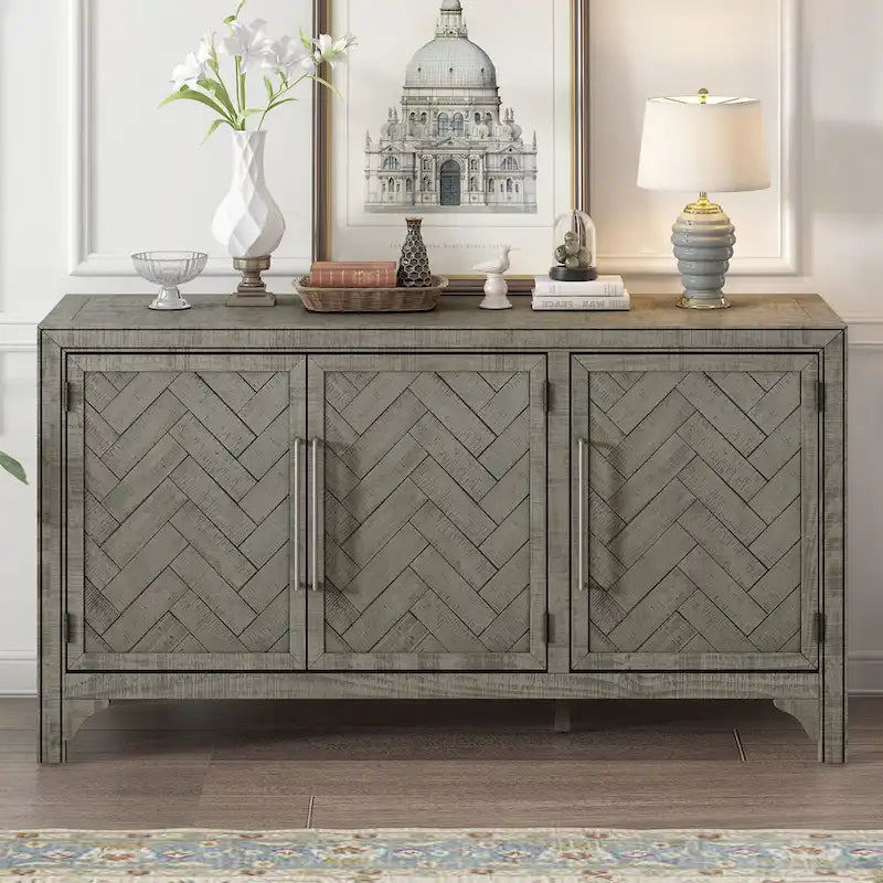 Three-Door Wood Storage Sideboard Cabinet with Adjustable Shelves, Gray & Navy Blue