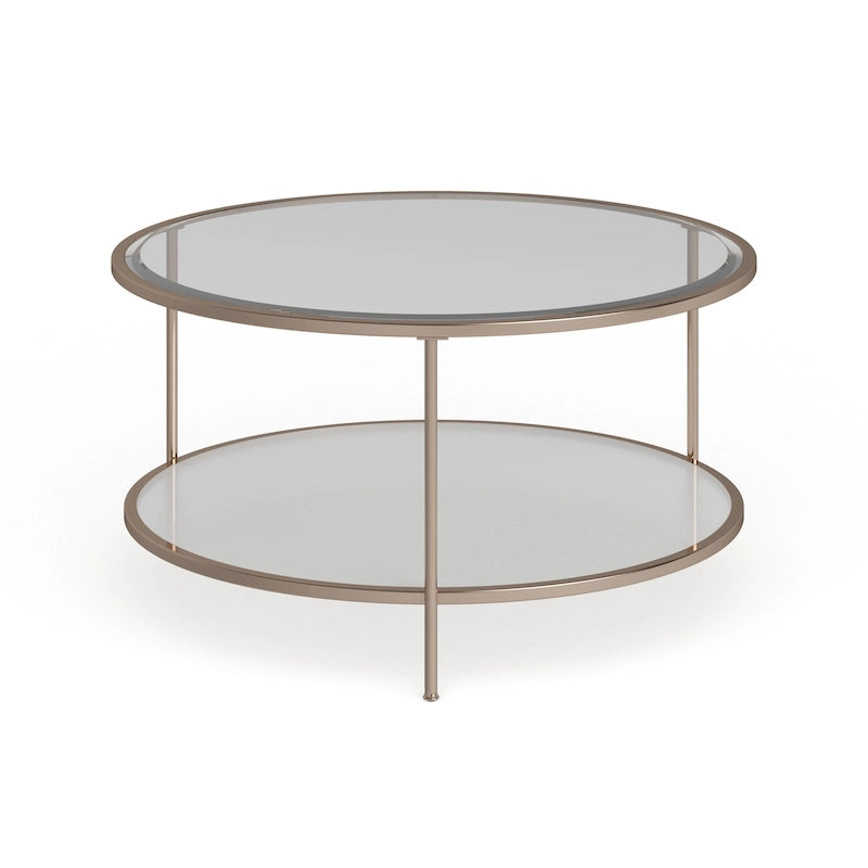 Metallic Gold Round Glass Two-Tier Coffee Table with Storage Shelf