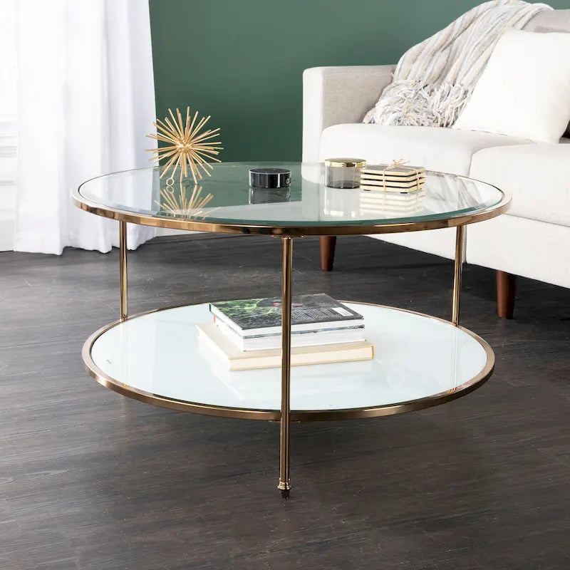 Metallic Gold Round Glass Two-Tier Coffee Table with Storage Shelf
