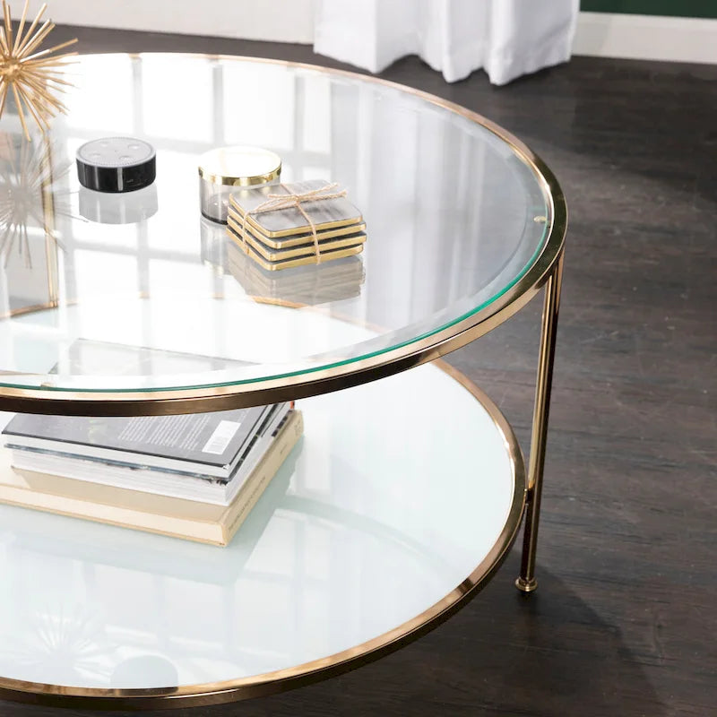 Metallic Gold Round Glass Two-Tier Coffee Table with Storage Shelf