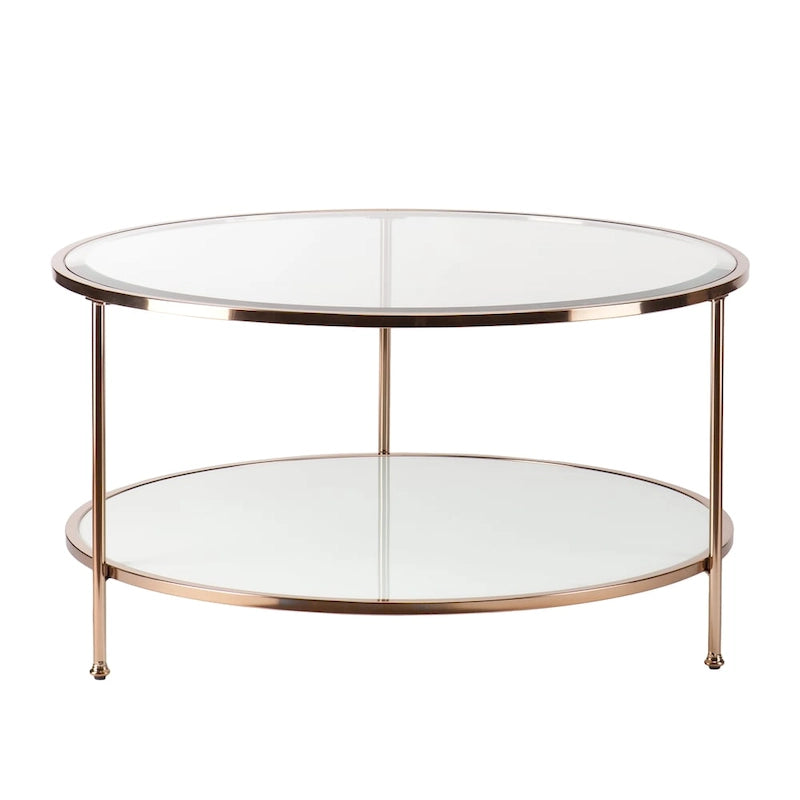 Metallic Gold Round Glass Two-Tier Coffee Table with Storage Shelf