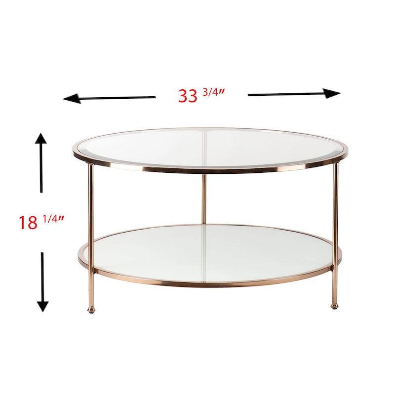 Metallic Gold Round Glass Two-Tier Coffee Table with Storage Shelf