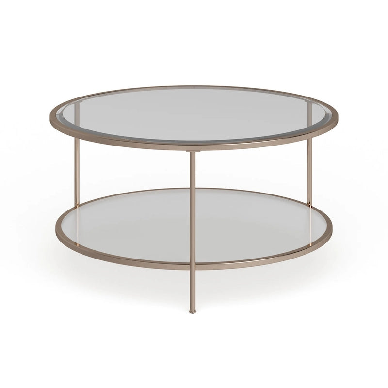 Metallic Gold Round Glass Two-Tier Coffee Table with Storage Shelf