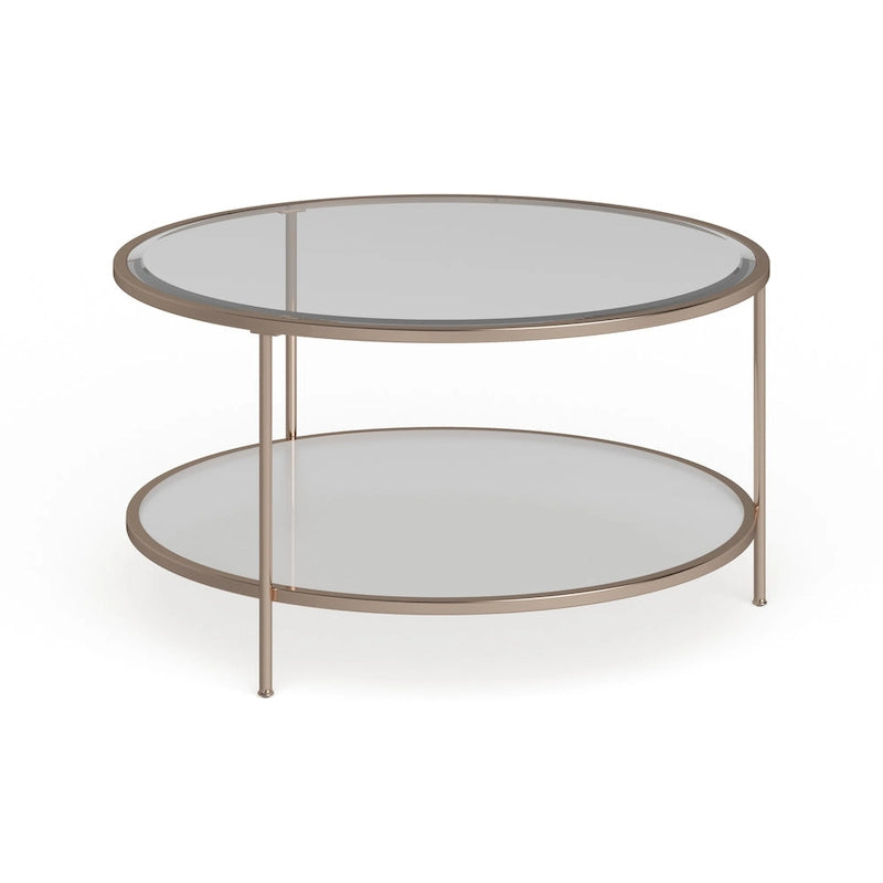 Metallic Gold Round Glass Two-Tier Coffee Table with Storage Shelf