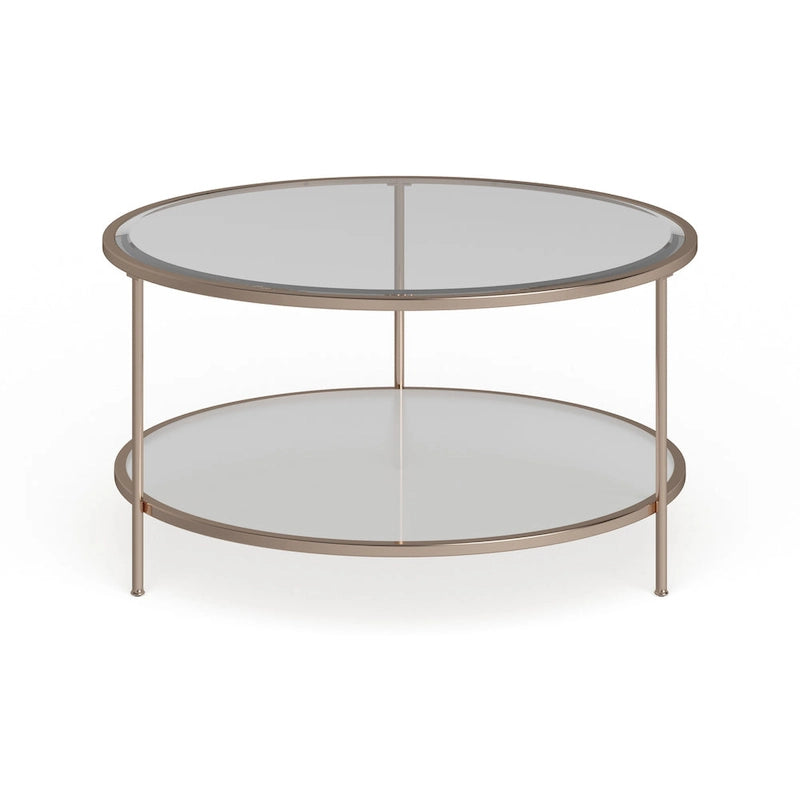 Metallic Gold Round Glass Two-Tier Coffee Table with Storage Shelf
