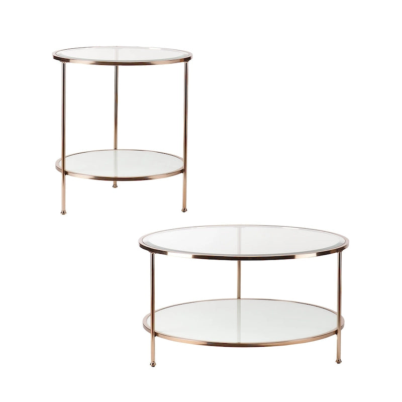 Metallic Gold Round Glass Two-Tier Coffee Table with Storage Shelf
