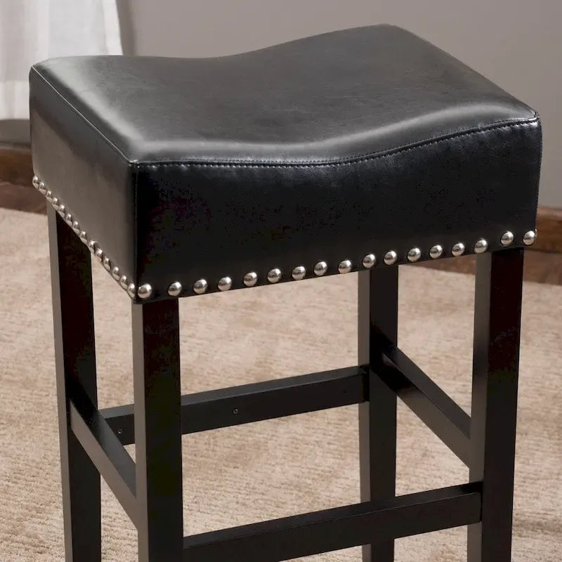 Backless Leather Bar Stool with Studded Accent and Bonded Upholstery in Black or White