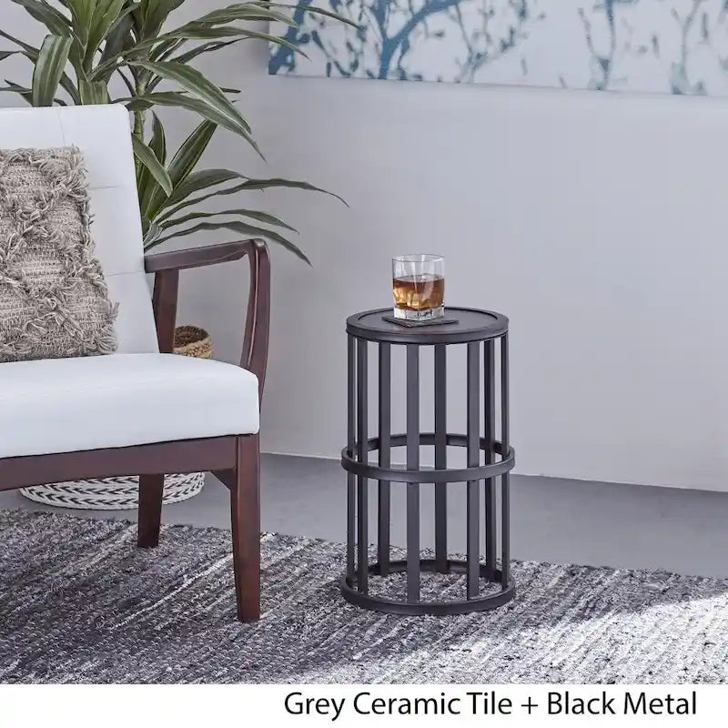 Industrial Black Iron Frame Grey Ceramic Tile Round Accent Side Table