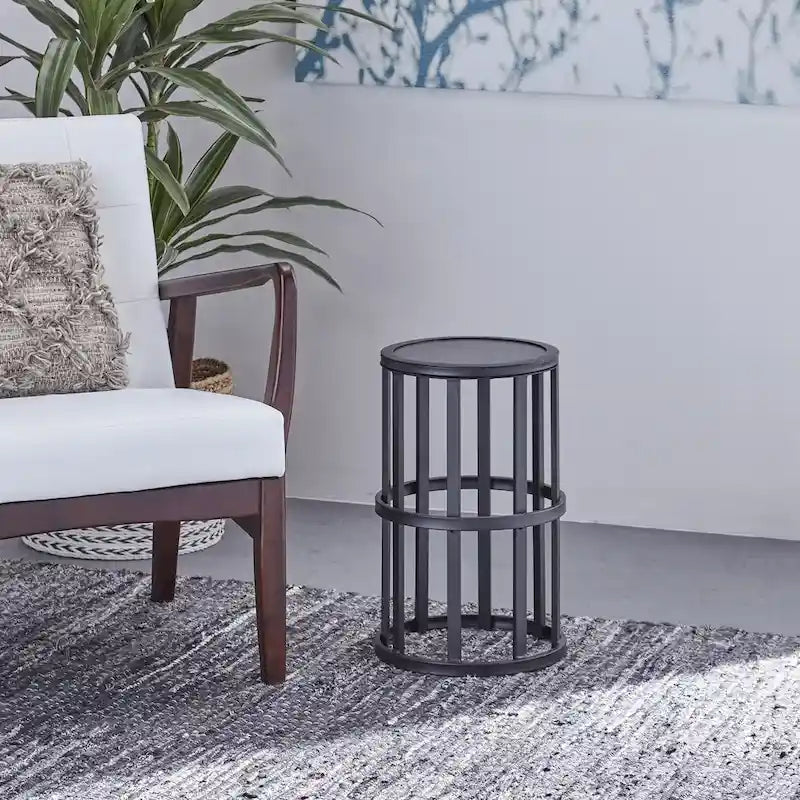 Industrial Black Iron Frame Grey Ceramic Tile Round Accent Side Table