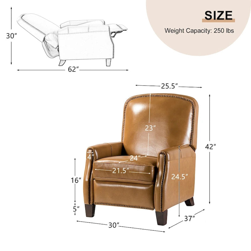 Genuine Leather Pushback Recliner Chair with Nailhead Trim Multi-Color