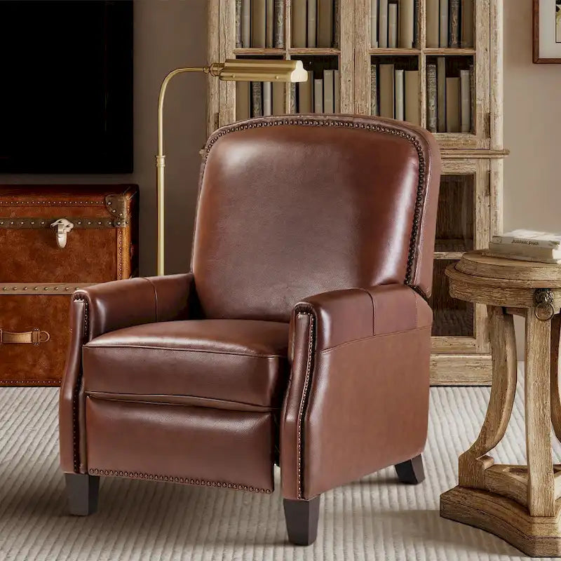 Genuine Leather Pushback Recliner Chair with Nailhead Trim Multi-Color