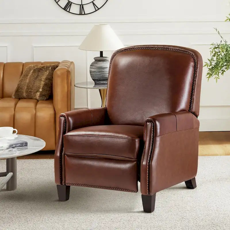 Genuine Leather Pushback Recliner Chair with Nailhead Trim Multi-Color
