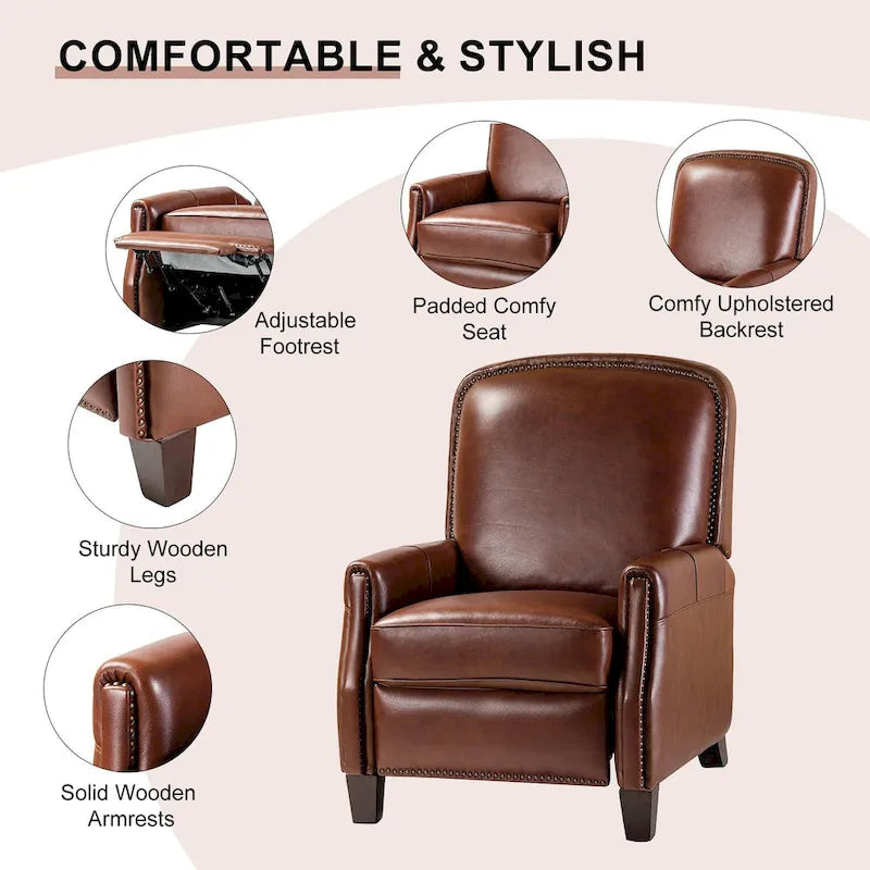 Genuine Leather Pushback Recliner Chair with Nailhead Trim Multi-Color