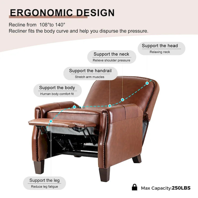 Genuine Leather Pushback Recliner Chair with Nailhead Trim Multi-Color
