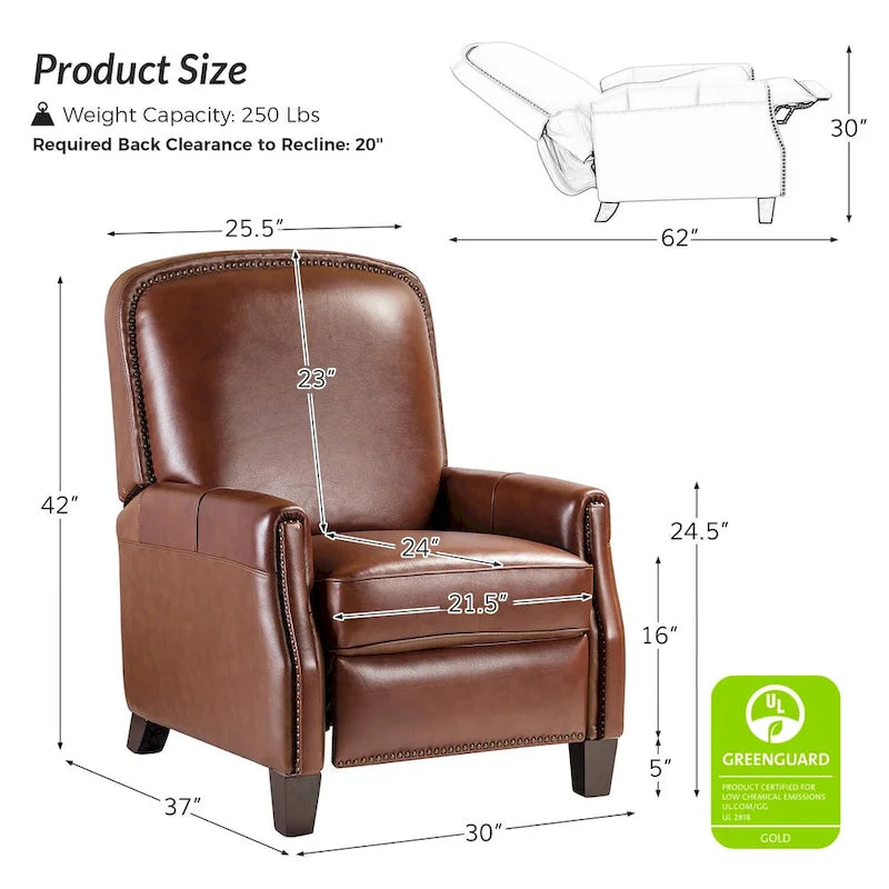 Genuine Leather Pushback Recliner Chair with Nailhead Trim Multi-Color