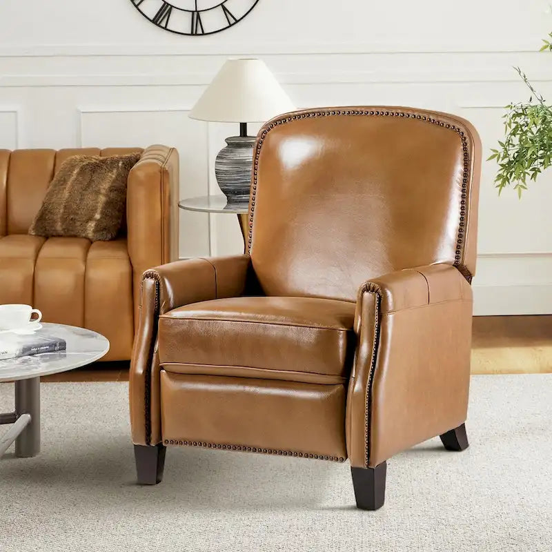 Genuine Leather Pushback Recliner Chair with Nailhead Trim Multi-Color