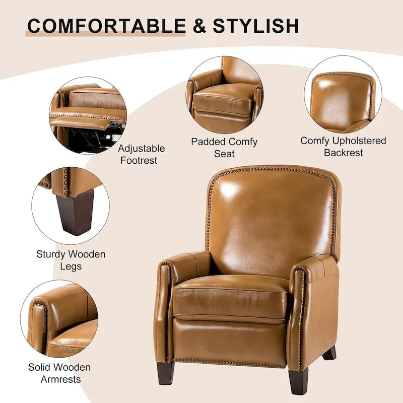 Genuine Leather Pushback Recliner Chair with Nailhead Trim Multi-Color