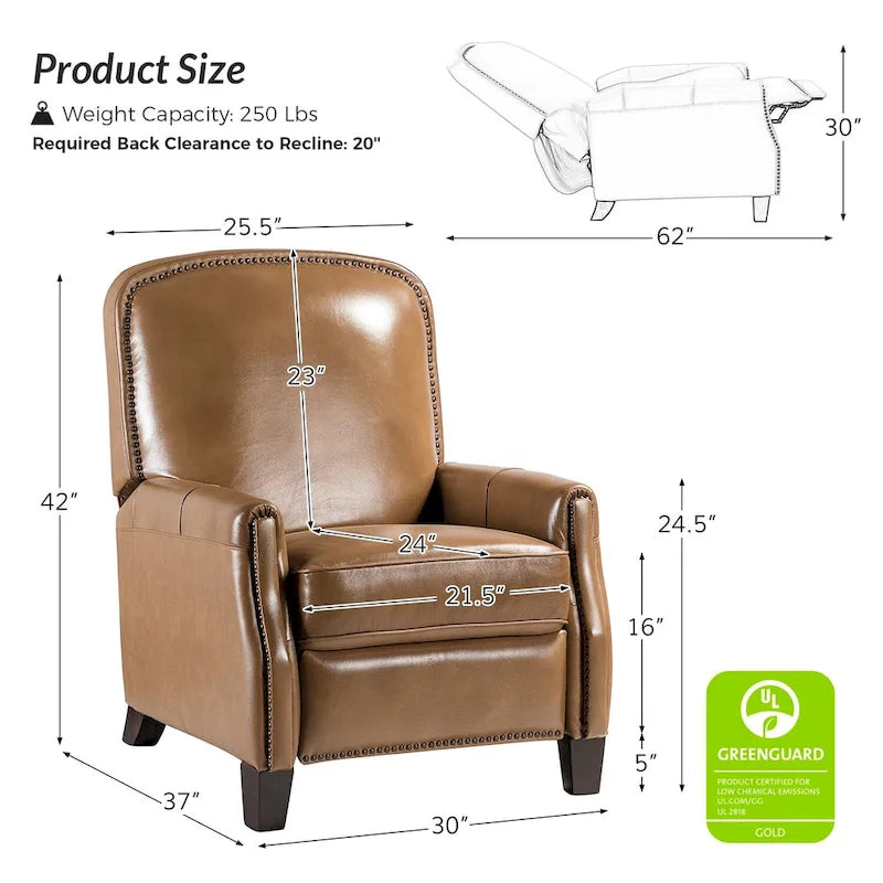 Genuine Leather Pushback Recliner Chair with Nailhead Trim Multi-Color