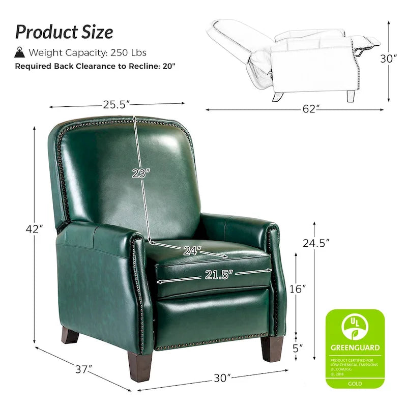 Genuine Leather Pushback Recliner Chair with Nailhead Trim Multi-Color