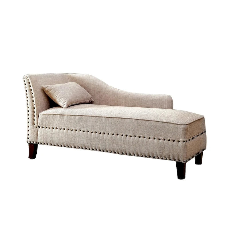 Classic Upholstered Beige Linen Chaise Lounge with Nailhead Accent Wood Legs