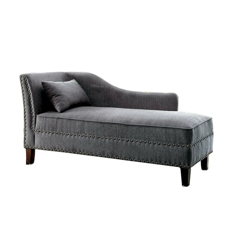 Classic Upholstered Beige Linen Chaise Lounge with Nailhead Accent Wood Legs