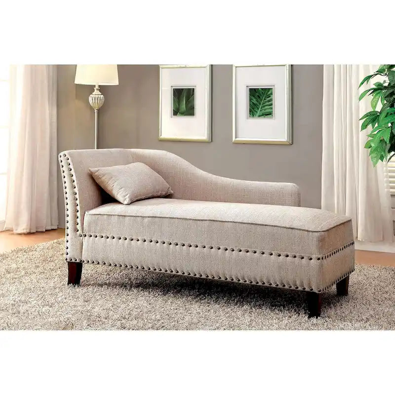 Classic Upholstered Beige Linen Chaise Lounge with Nailhead Accent Wood Legs
