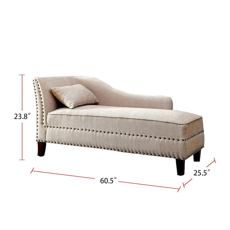 Classic Upholstered Beige Linen Chaise Lounge with Nailhead Accent Wood Legs